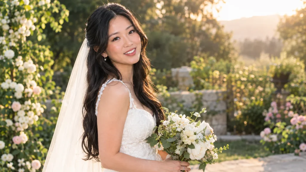Stephanie Soo in a wedding gown at a garden ceremony