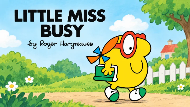 Bookshelf of colorful children's stories inspired by Roger Hargreaves