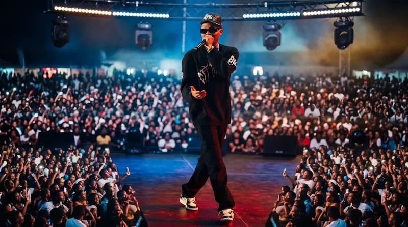 A-Reece on stage at a festival in front of a large crowd