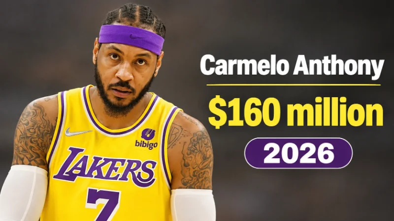 Carmelo Anthony in a dark suit courtside at a basketball arena