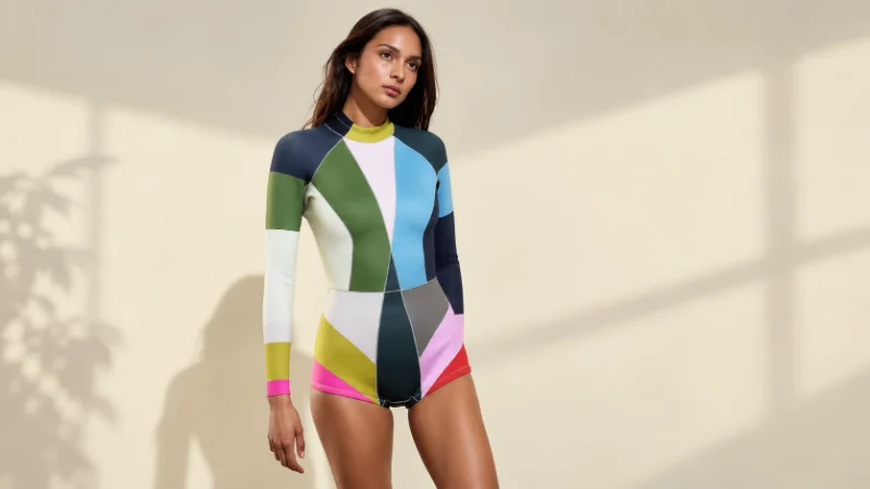 Cynthia Rowley holding a surfboard in a printed wetsuit on the beach in Montauk