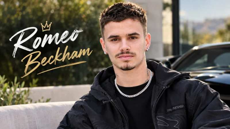 Romeo Beckham posing in a tailored suit at a fashion event